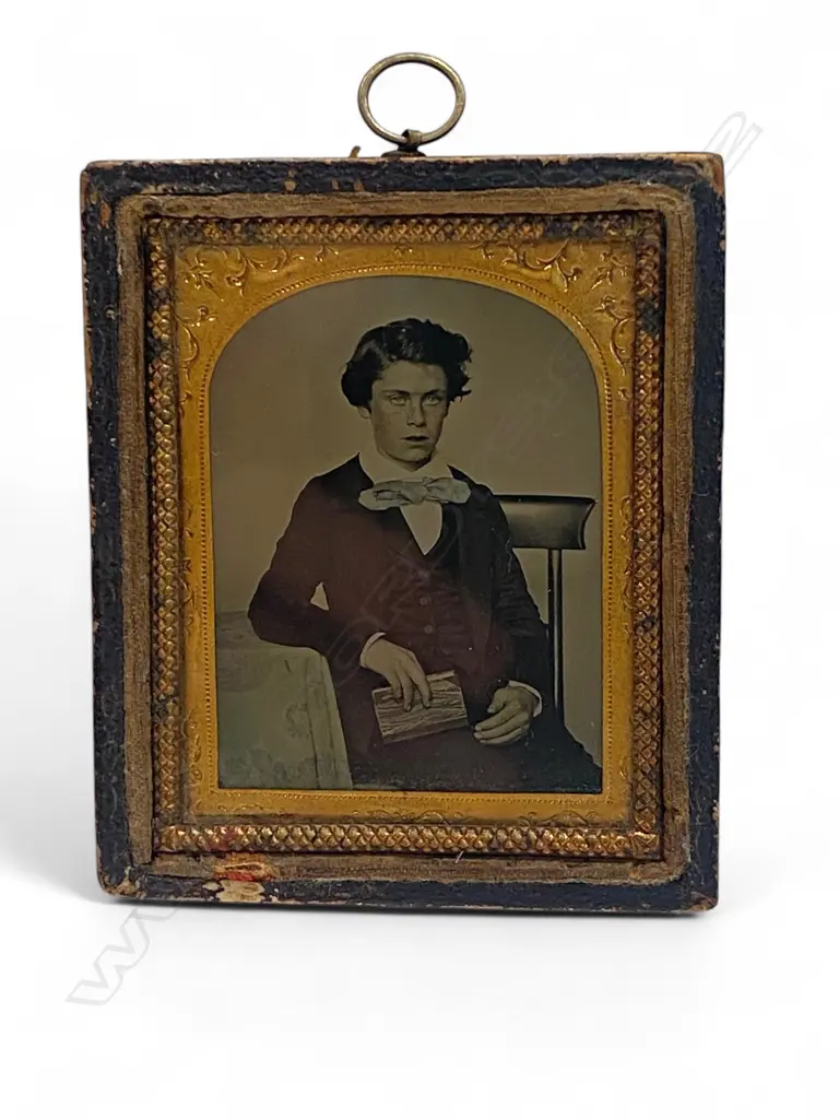 Leather covered framed ambrotype - youth with book, Image 1++